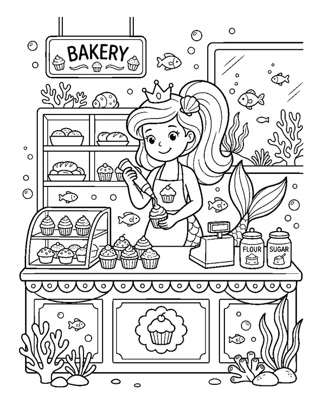 A mermaid running a cupcake bakery