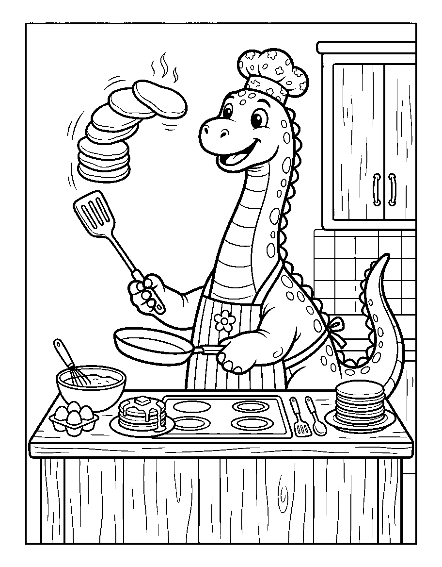 A Dinosaur Flipping Pancakes coloring page — free printable